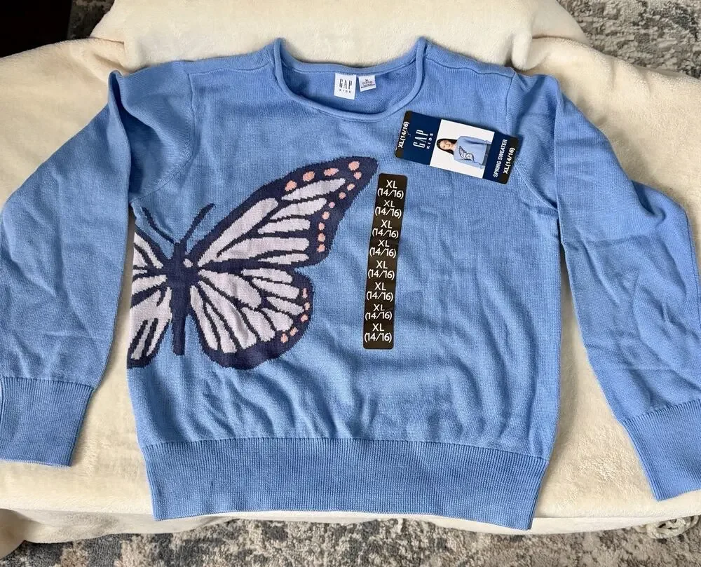 GapKids Girls Butterfly Sweater XL 14/16 Blue Spring NEW NWT